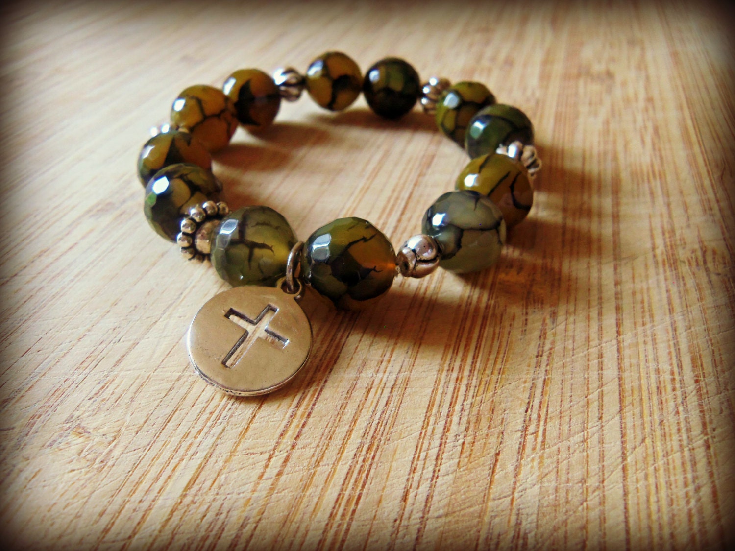Tribal Silver and Beaded Bracelet Banded Agate Beads Bohemian