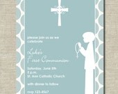 first communion invitation - blue with silhouette