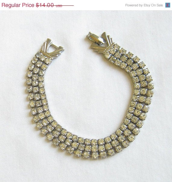 ON SALE Vintage 3 Row Clear Rhinestone Art Deco style Clasp Bracelet