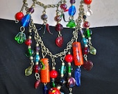 Multi Colored Bronze Tone Chain and Glass Bead Necklace