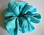 SILK Scrunchie, hand dyed, soft for hair, ponytail, silk, light turquoise blue, dark turquoise, light emerald green, one of a kind original