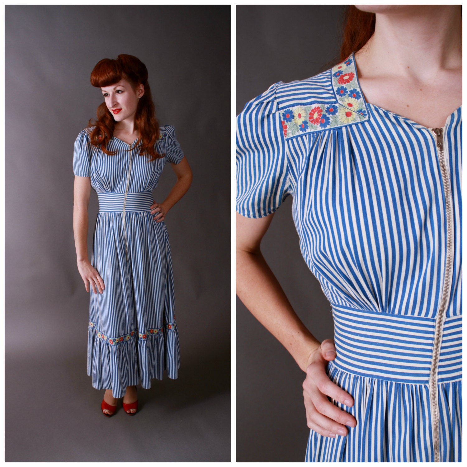 Vintage 1930s Dressing Gown - Late 30s Striped Cotton Dressing Gown Robe