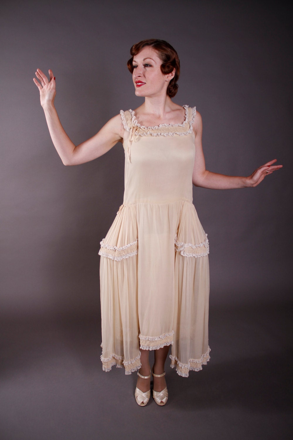 Vintage 1920s Wedding Dress - Ecru Silk Chiffon Robe de Style Wedding Gown