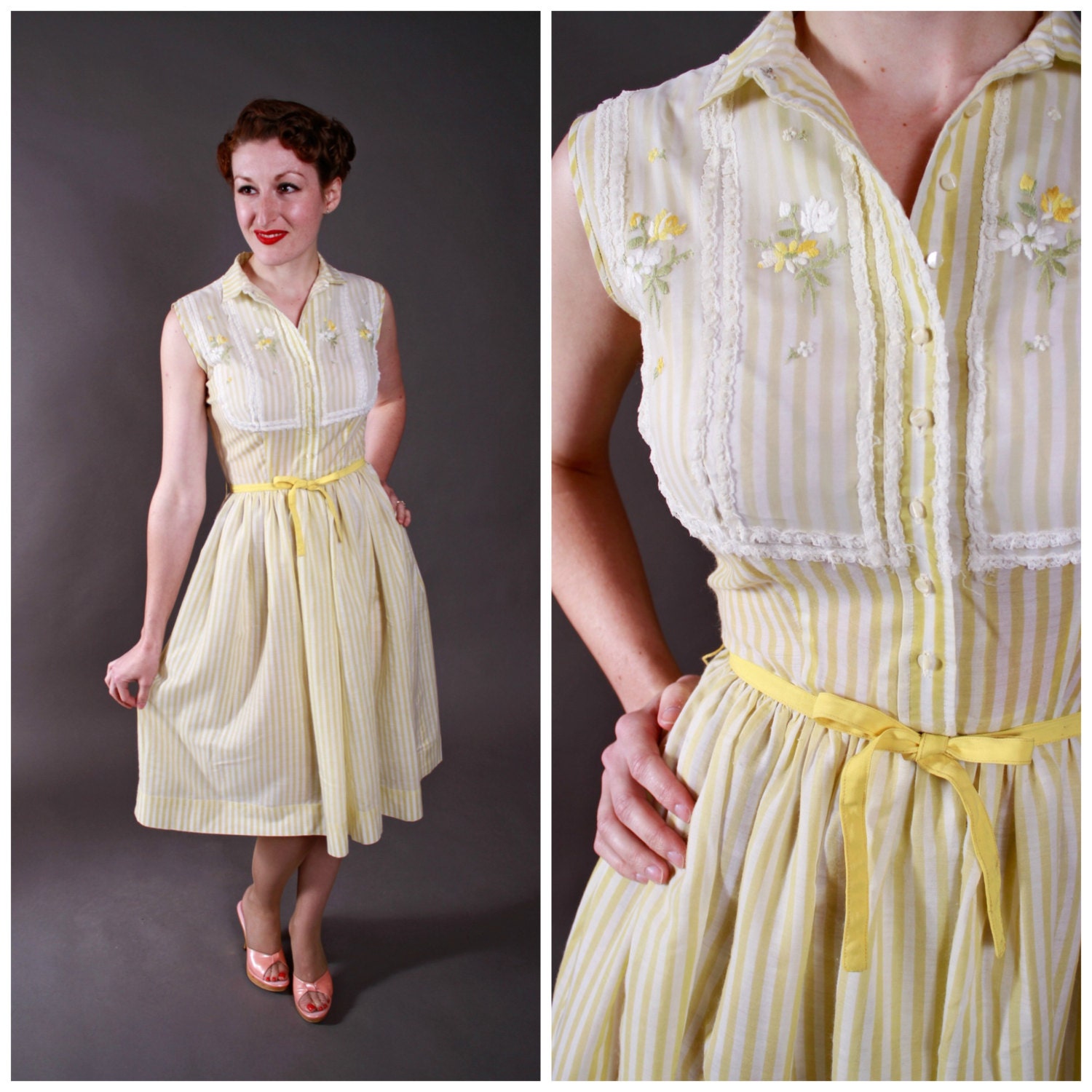 Vintage 1950s Sundress  - Yellow Striped Summer Dress Embroidered Flowers