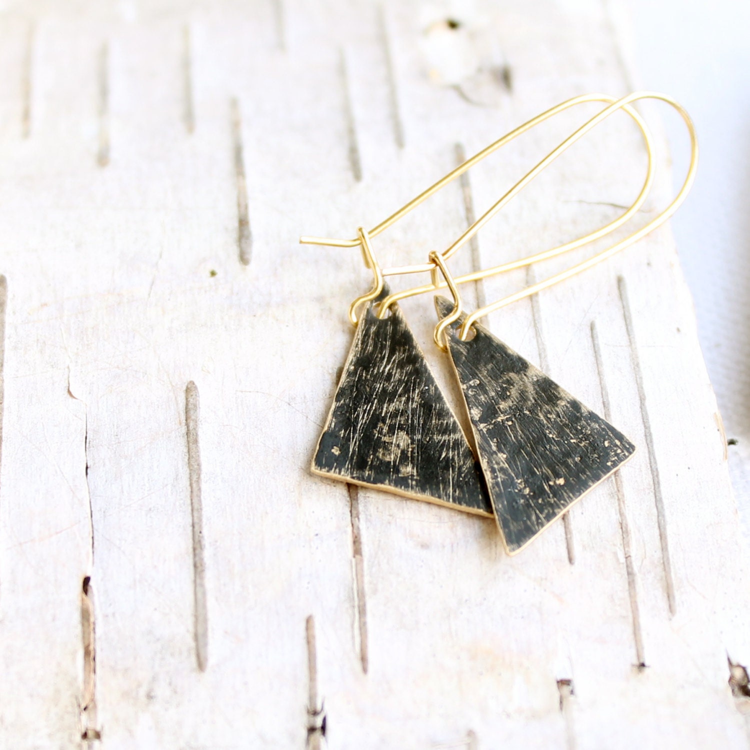Black Rustic Brass Textured Triangle - Patina Earrings - Tribal Geometric Jewellery