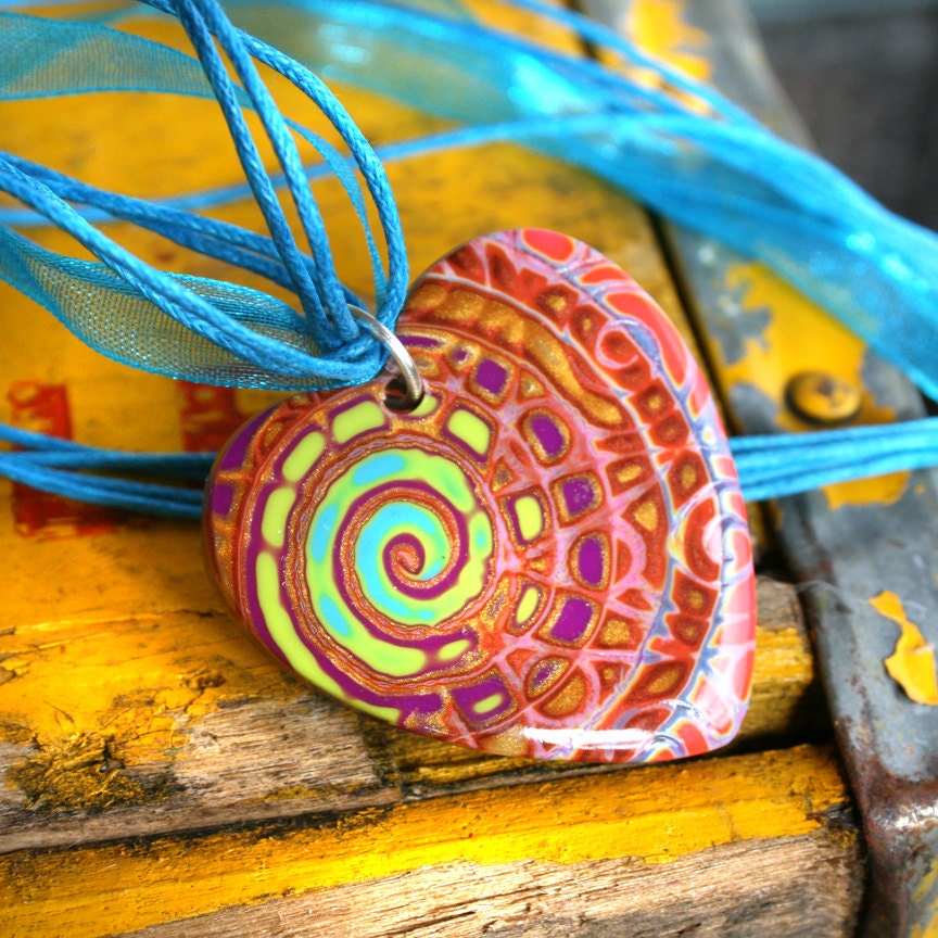 Healing Heart Swirl Pendant on Turquoise Ribbon Necklace