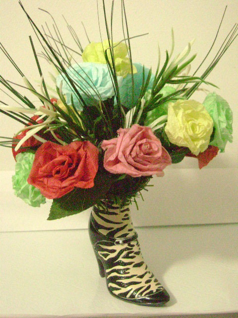 Bootyful Zebra Animal Print Floral Arrangement.  Fashionable Boot Vase with Colorful Coffee Filter Flowers.