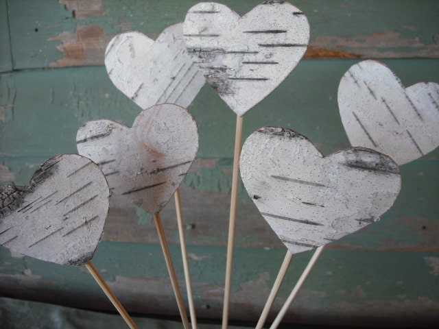 White birch bark heart on sticks. For your woodland rustic wedding decor.