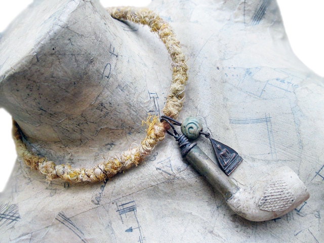 The Hermit. Rustic Cream Shabby Tribal Choker with recycled yarn fiber clay pipe and buddhist amulet.