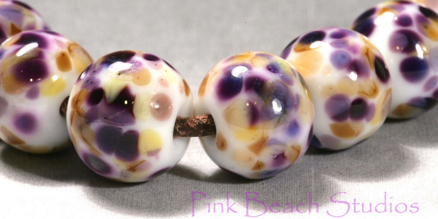 Round Wild Flowers Handmade Glass Lampwork Beads (7 Count) by Pink Beach Studios - SRA (RO4)