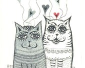 Two  Cats - Original Watercolor Painting -   Fine Art  -cats- hearts -ink illustration