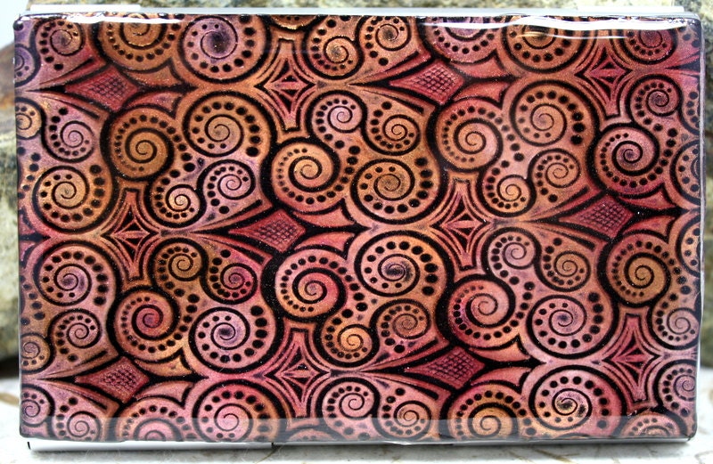 Business card holder,  Polymer clay covered Business card case, metal wallet, credit card holder, mica powder enhanced