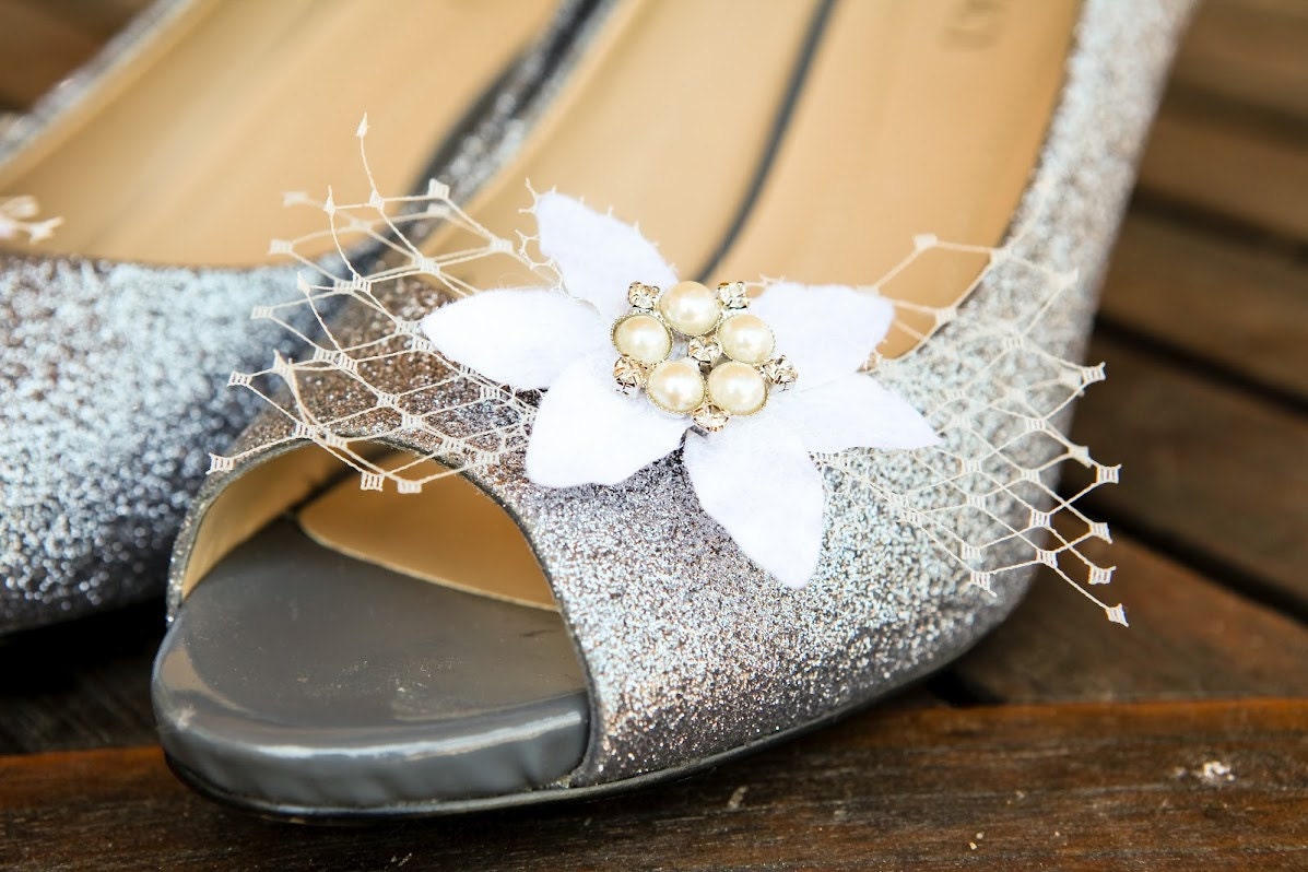 French veil shoe clips with vintage millinery, rhinestones and pearls
