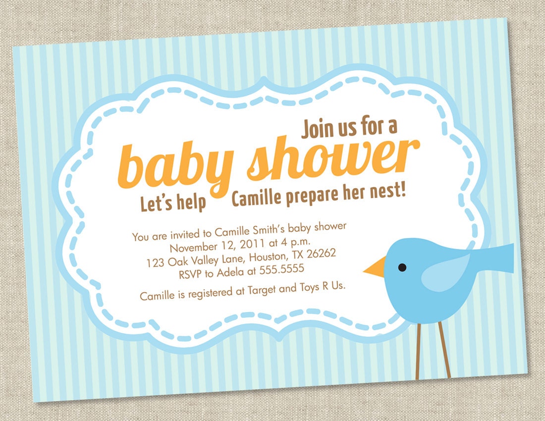 Bird Baby Shower Invitations - baby Boy Invites - gender neutral (DIY Printable Digital File OR Printed Cards)