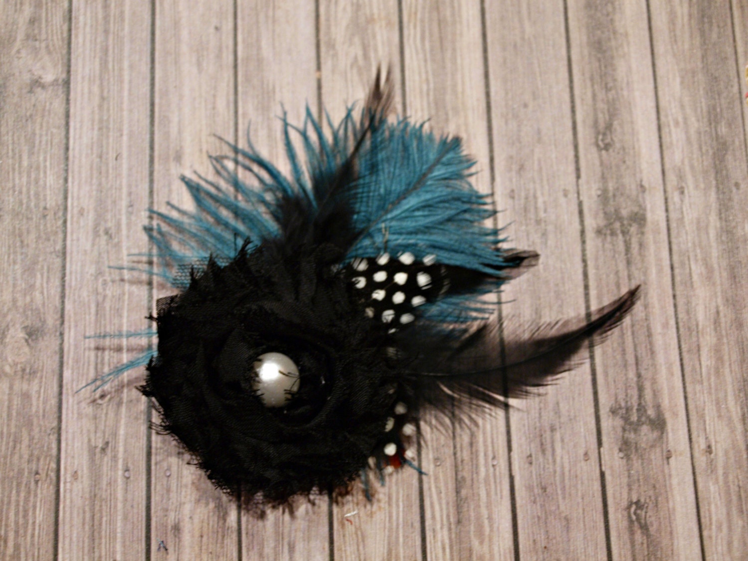 Dark Turquoise and black feather hair clip