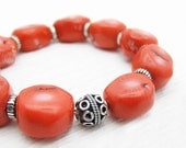 Coral Boho Statement Bracelet Bali Sterling / Persimmon Salmon Peach Orange Red Pink Coral with White Sun Bursts Fresh Crisp Bright Colorful