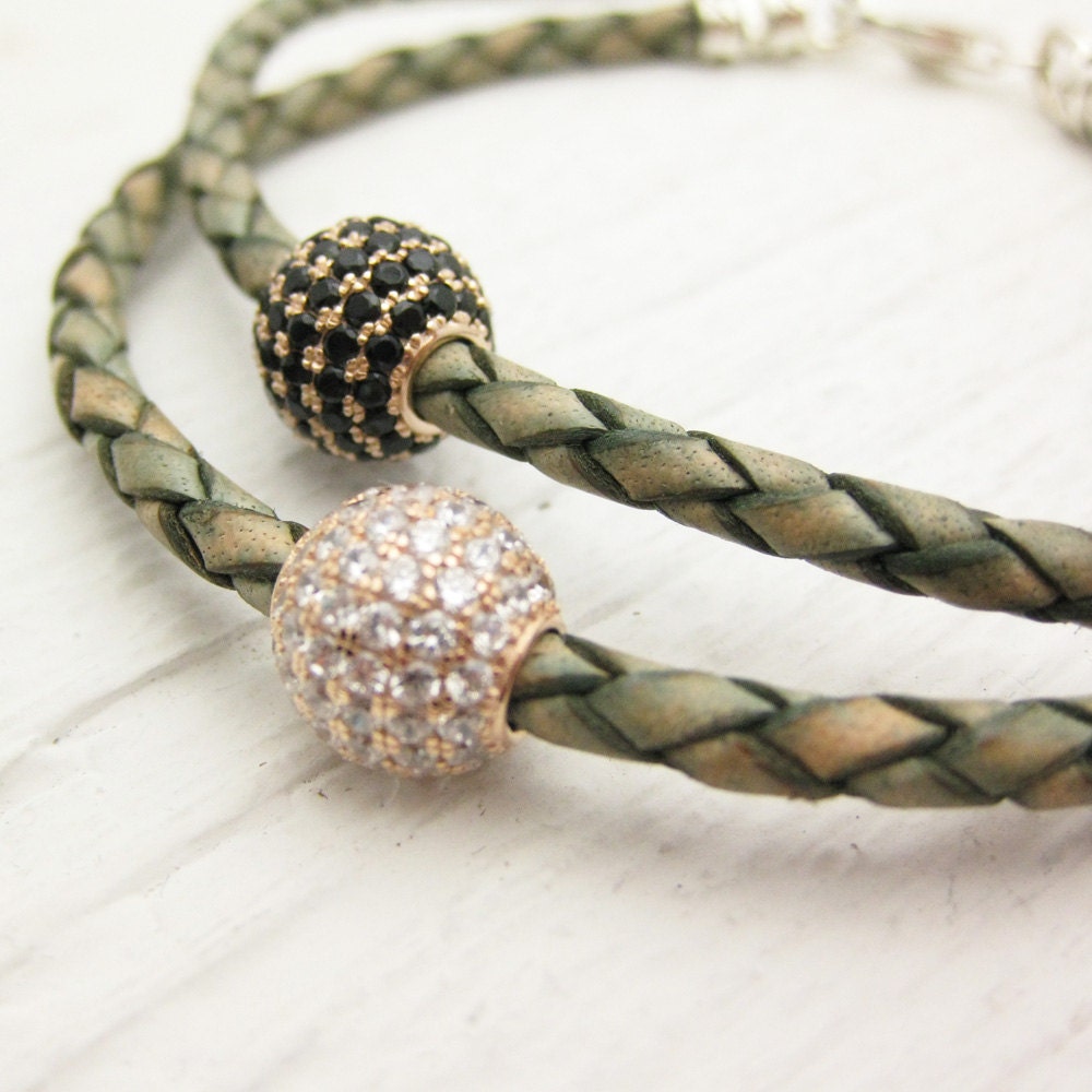 Gold Pave Leather Bangle Bracelet in  Olive Green / Eco Friendly Leather Sterling Silver CZ Pave / bling accent stacking bracelet / neutral