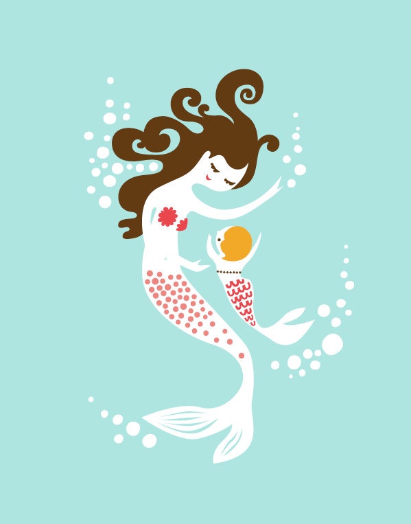 mermaid mother & child. aqua/coral/pink/brunette. 8X10" giclee print on fine art paper. mothers day gift.