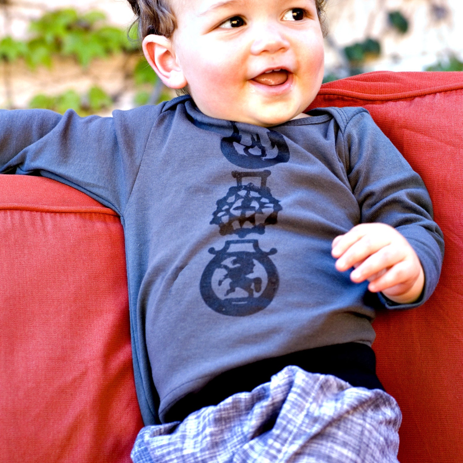 horse brass baby tee - pewter blue grey/black - long sleeve lap shoulder - 3-6M/6-12/12-18/18-24
