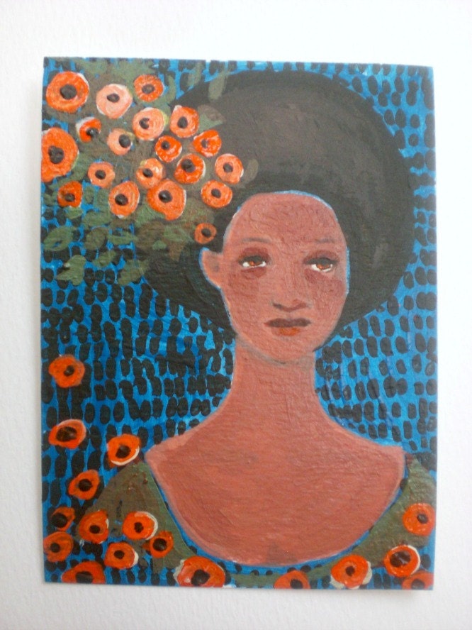 Lady of Flowers, or She Becomes What She Believes, by Rowena Murillo. 3"x4" tiny original acrylic on paper OOAK