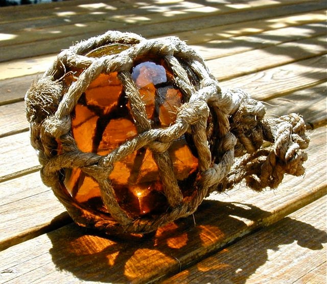 RESERVED for SJ, Glass Fishing Float, NWG Honey Pumpkin Clear Marks, Nautical Decor, Ocean Decor, Beach Cottage Decor, Fishing Decor
