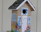 Hand Made Bird House, Beige with lots of Flowers and a Carved Roof