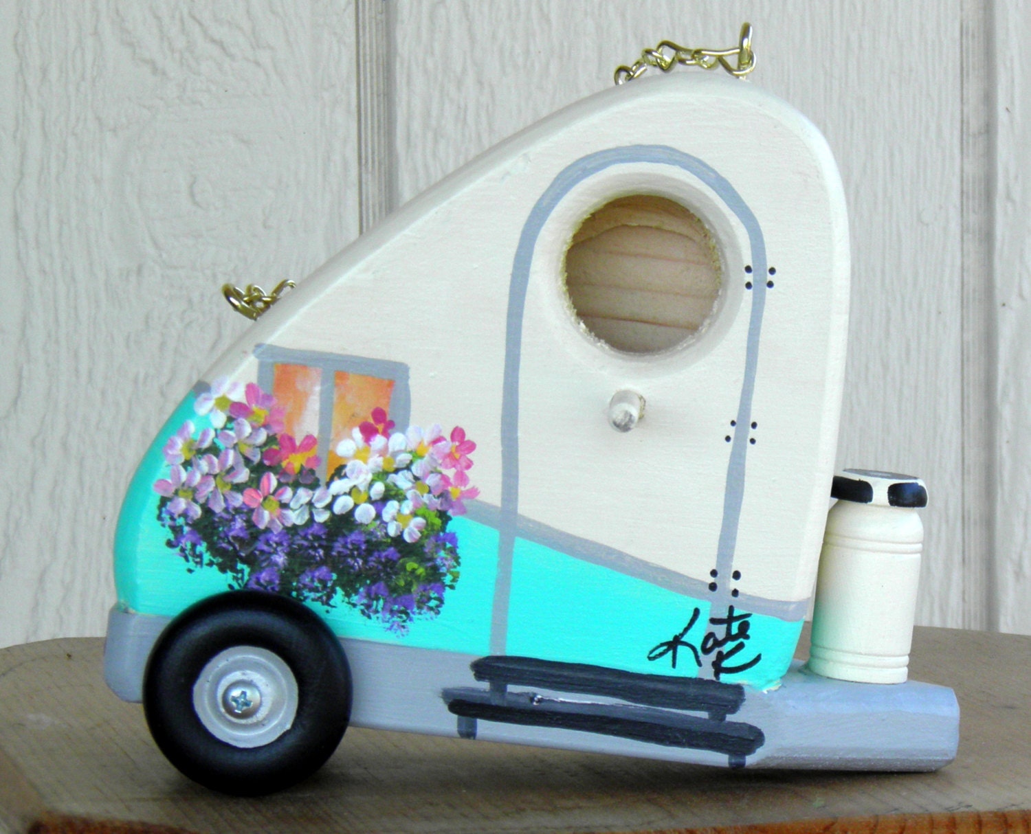 Decorative Tear Drop Birdhouse, Handcrafted and Hand Painted Turquoise with Flowers