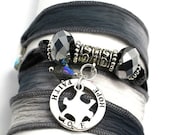 ON SALE Charcoal to Slate Silk Wrap Yoga Bracelet with Autism Awareness Puzzle Piece