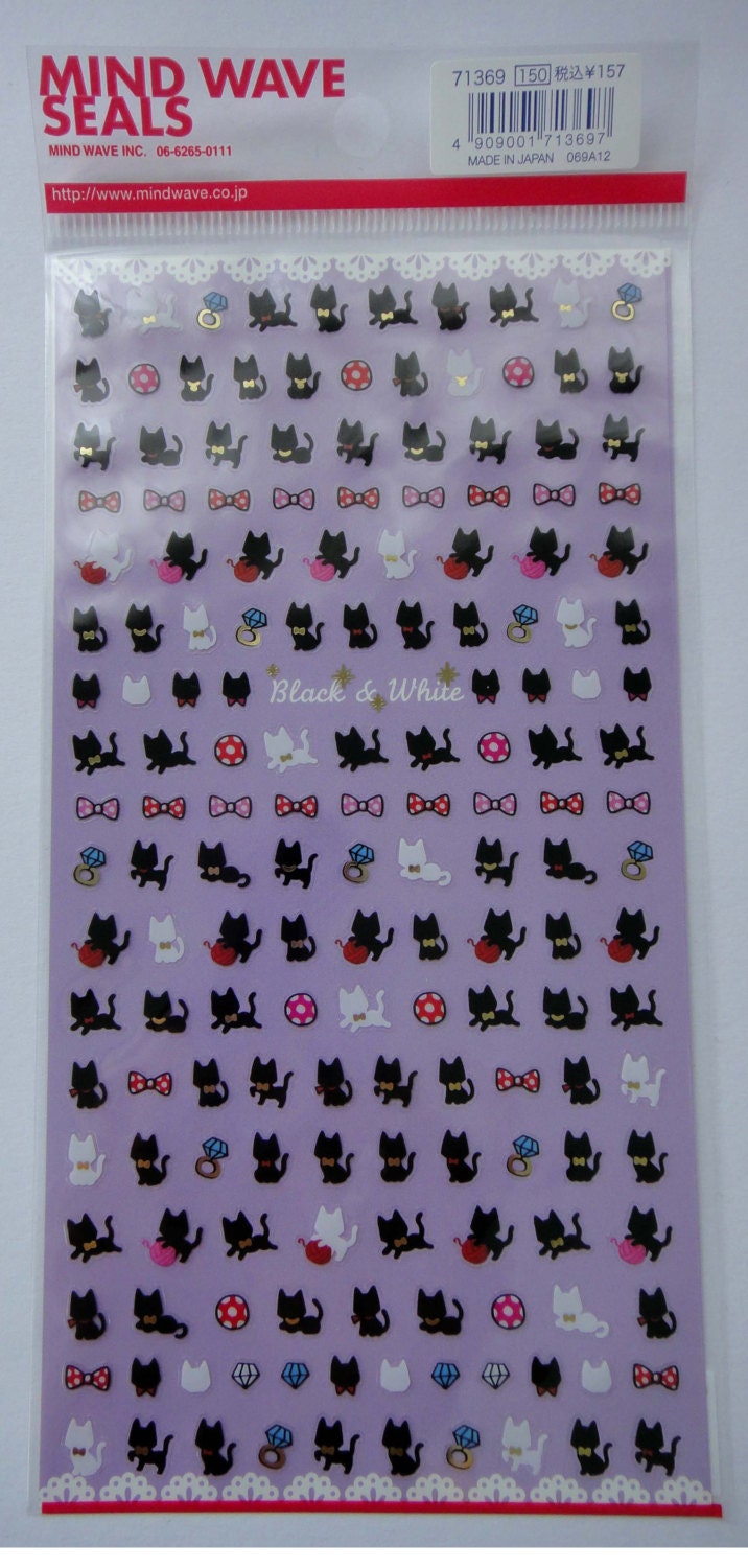 Cute Black & White Kittens / Cats Plastic Stickers From Japan - Bow, Diamond Ring, Yarn, Wool Ball,
