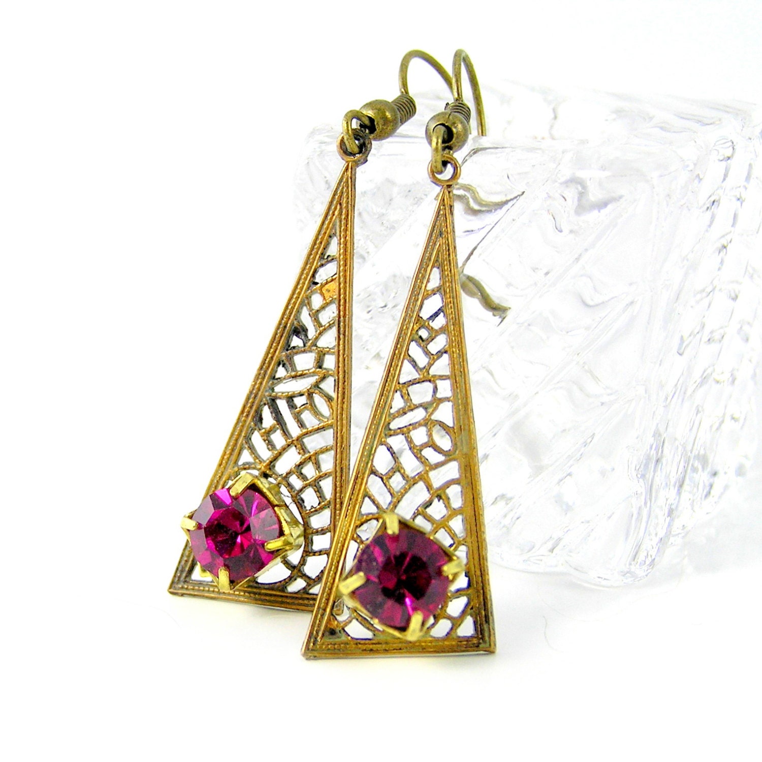 Filigree Earrings, Fuchsia Rhinestones, Antiqued Brass, Spider Web Lace Filigree, Vintage inspired, Asymmetrical