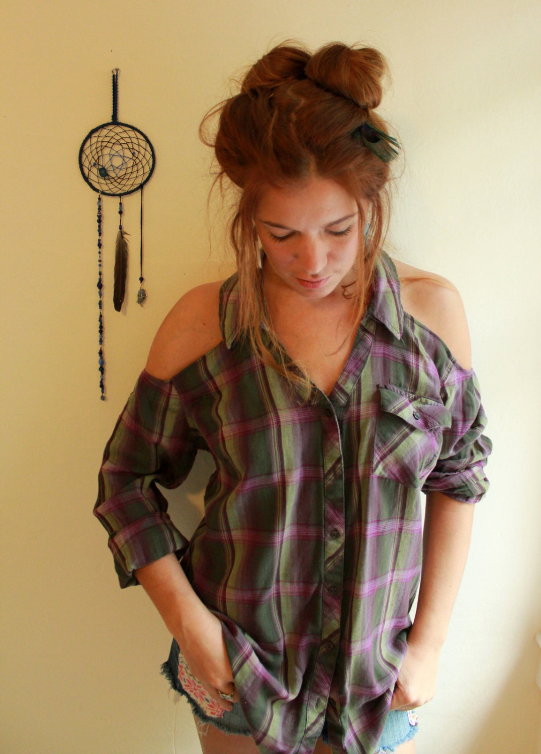 Purple Green Open Cold Shoulder Upcycled Recycled Plaid Button Up Off The Shoulder Top Shirt Women's Size Large/XL