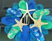 flip flop starfish wreath LAST ONE beach lovers beach house nautical sharks blue and green