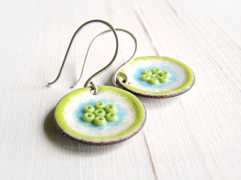 Enamel Earrings, Lime Green, White  And Blue, Copper And Sterling Silver - Lovely Day