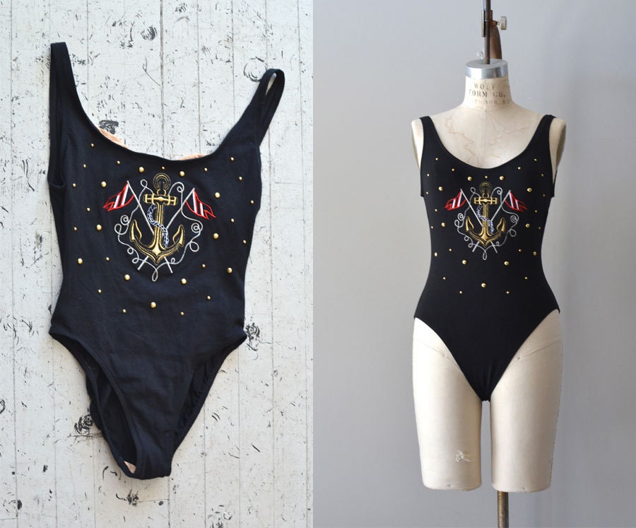 vintage 1980s swimsuit / nautical bathing suit / Anchor's Aweigh maillot