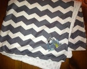 Baby Girl or Boy Reversible Gray and White Chevron Blanket with Minky Personalized Monogram Name and Initial Appliqué