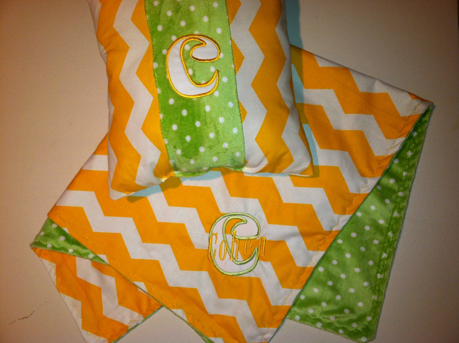 Baby Girl or Boy Reversible Blanket and Pillow with Minky Personalized Monogram Name and Initial Appliqué You Choose Fabrics