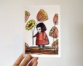 SALE 20% OFF Archival Art Print Illustration Watercolor - Flower Girl in Red  5x7