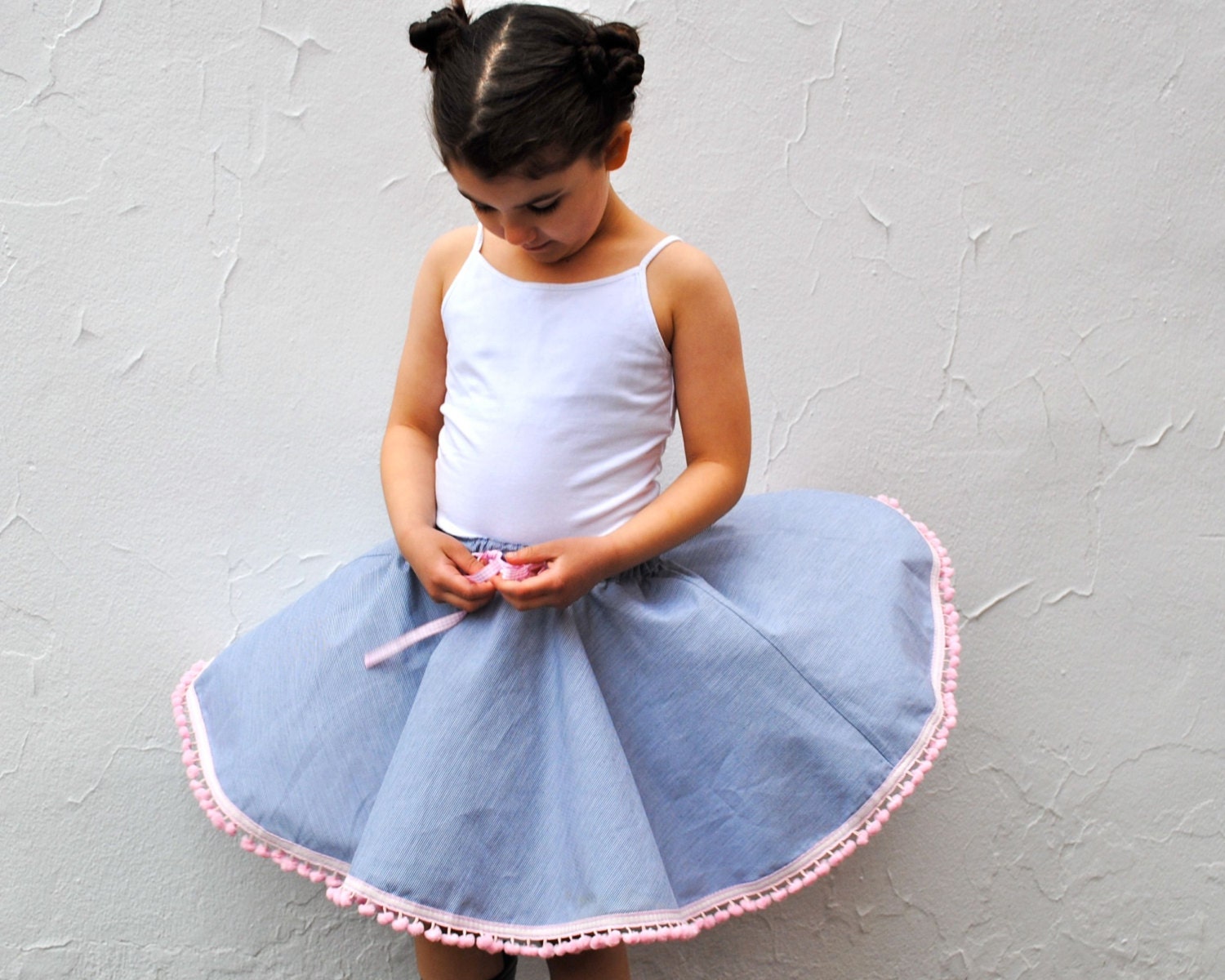 Pom Pom Skirt - Girls Twirl Circle Skirt with Pink Ribbon Trim - Retro Inspired Kids Clothing Handmade by SewnNatural