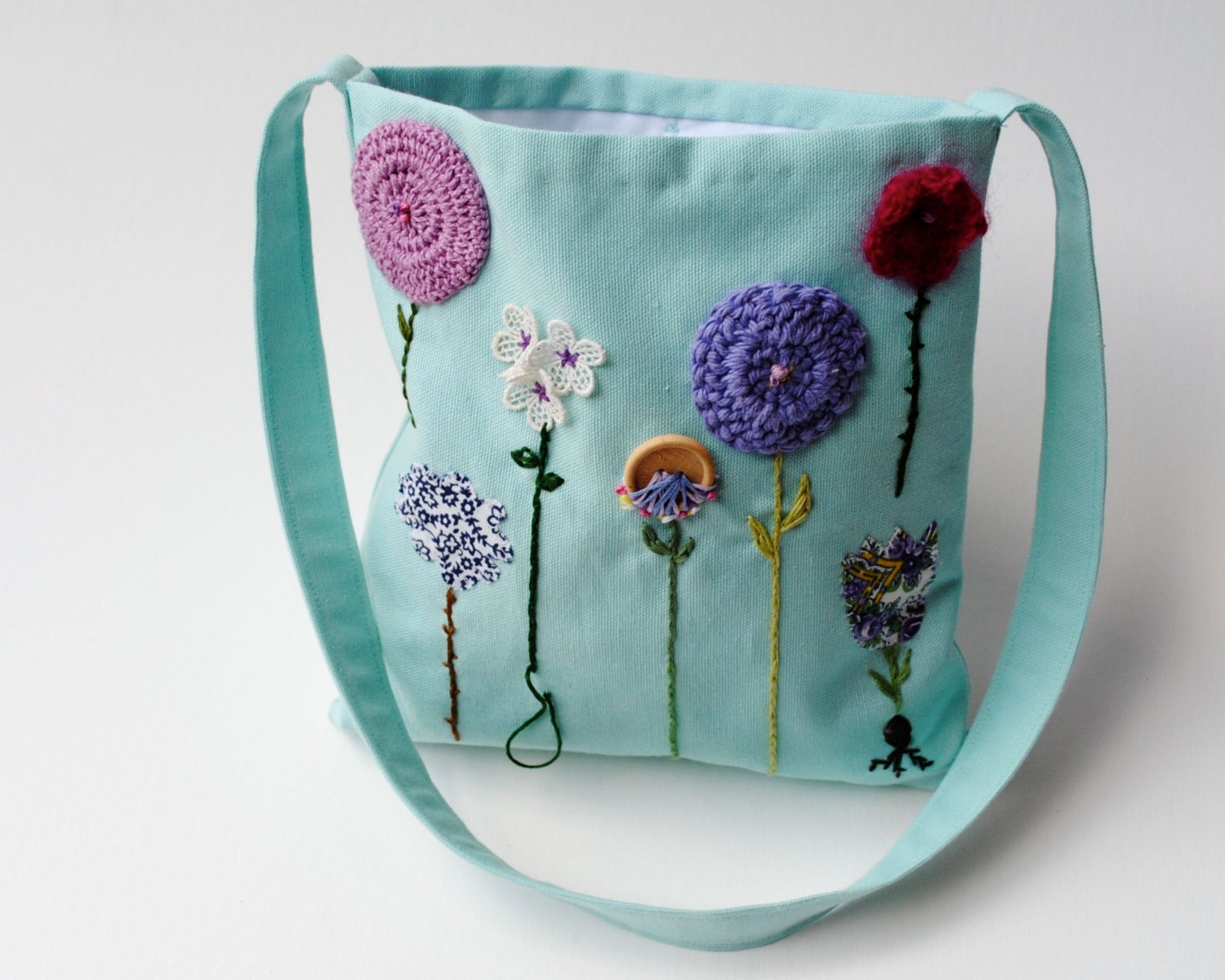 Kids Messenger Hip Bag - Hand Embroidered Garden Under the Sea - Aqua Blue Girls Purse (Ready to Ship)