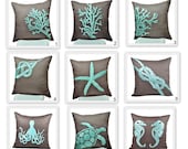 Nautical Pillow Covers, 18 x 18 Throw Pillow Covers - set of 2, Taupe Brown Pillow Turquoise Nautical Embroidery, CHOOSE THE DESIGN