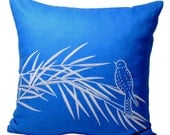 Bird Throw Pillow Covers, Blue Linen with  Bird on Bamboo Embroidery, Home Decorative Pillow 18 x 18, Blue Couch Pillow, Blue Cushion