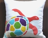 Sea Turtle  Decorative Pillow 18 x 18, White Linen with Colorful Sea Turtle Embroidery, Beach Pillow, Cottage Pillow, Couch Pillow