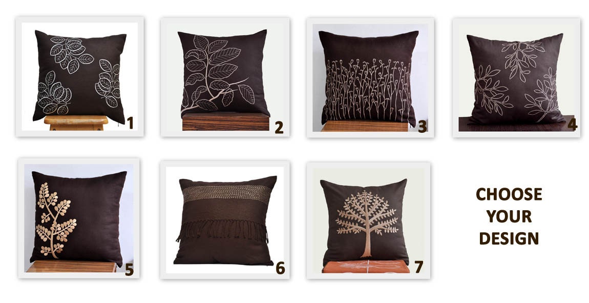 Beige Tree Branch Throw Pillow Cover, Decorative Pillow Cover, Dark Brown Linen Beige Botanical Embroidery, Brown Pillow Cover 18x18