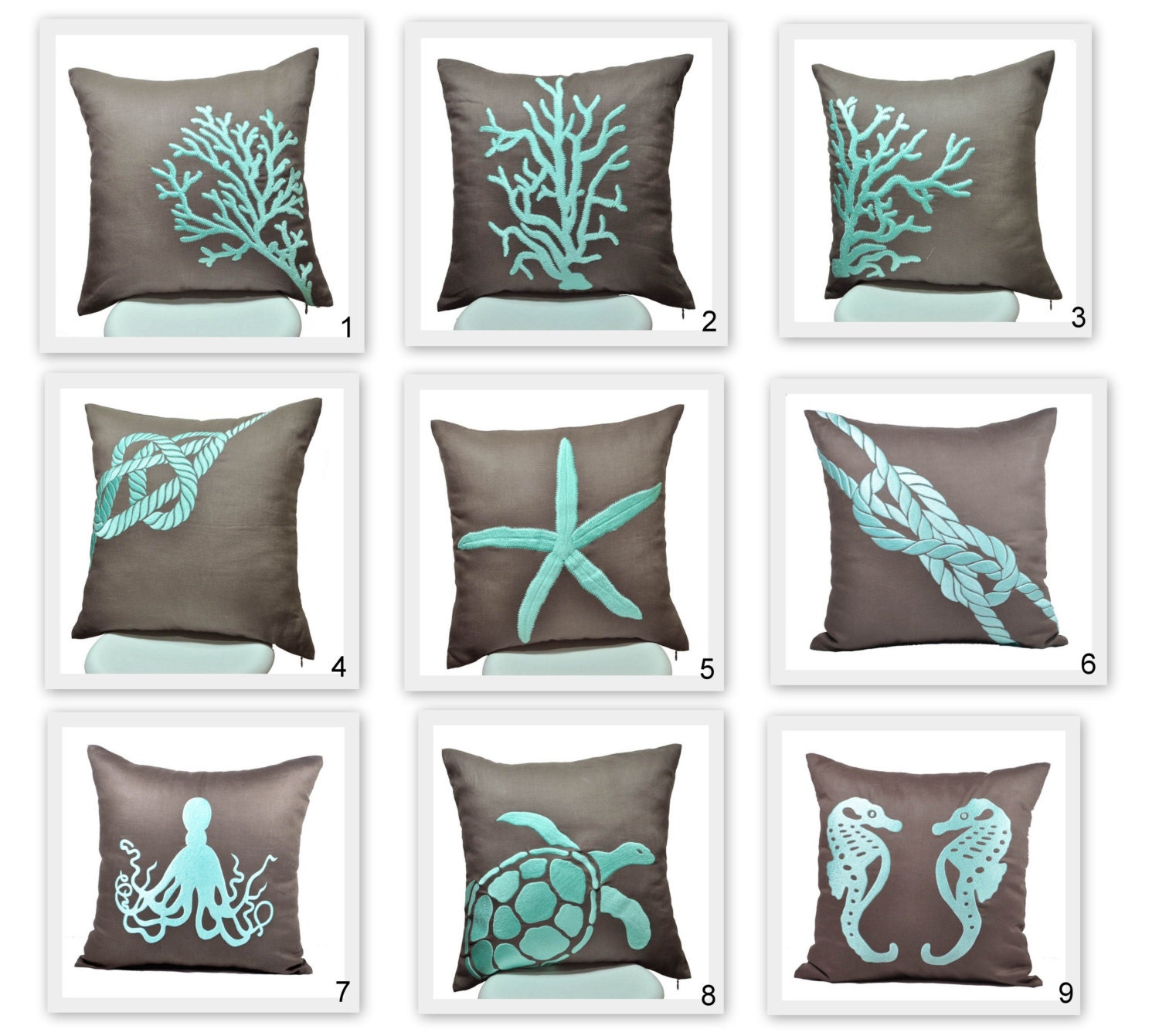 Nautical Pillow Covers, 18 x 18 Throw Pillow Covers - set of 2, Taupe Brown Pillow Turquoise Nautical Embroidery, CHOOSE THE DESIGN