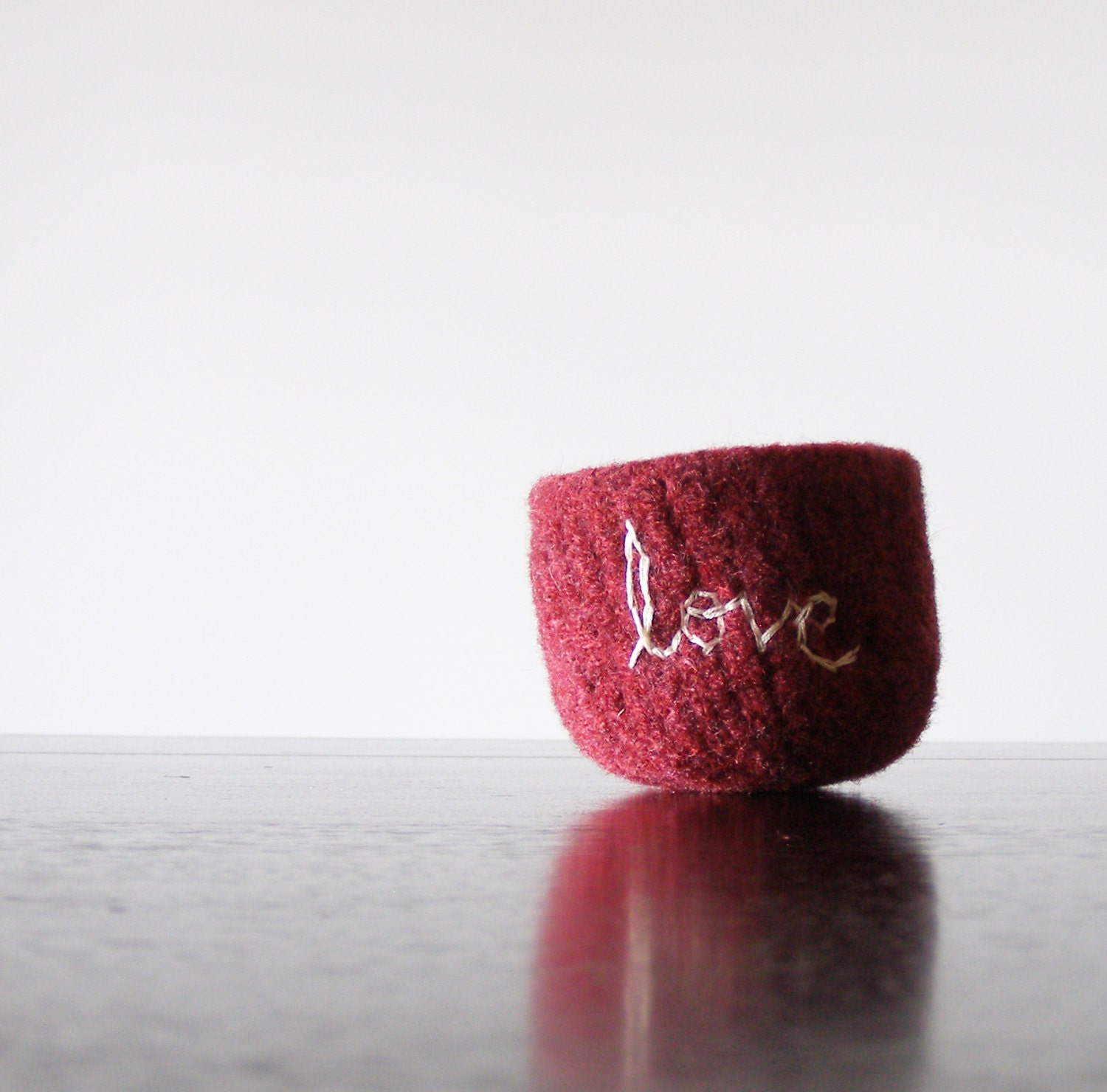 felted wool bowl - burgundy felted bowl with embroidered white cotton word "love" -  anniversary gift