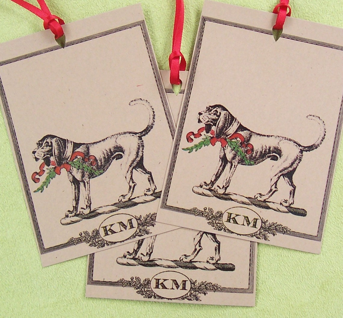 Personalized Hound Dog Christmas Gift Tags Holiday Kraft Brown Green Red Weath and Monogram Gift Paper Tags Set 18
