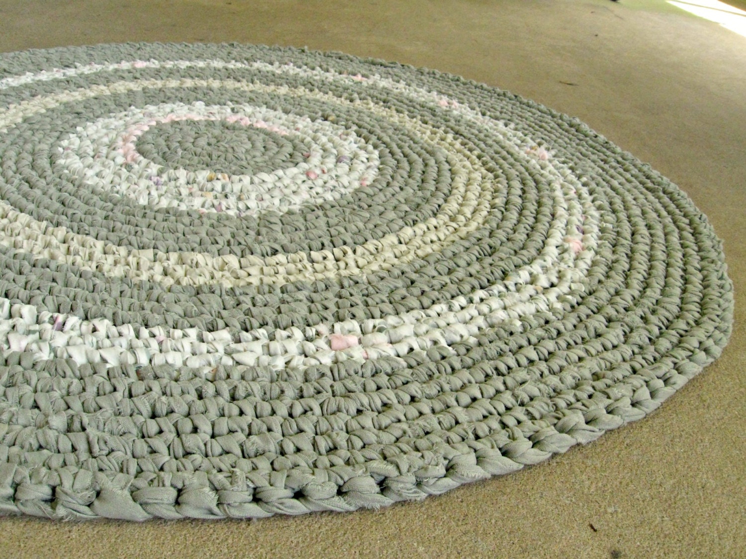 Sage and pink hand crocheted rag rug crocheted in romantic colors. Cottage, sunroom, Edwardian, shabby. Eco, repurpose, recycle. 29" round.