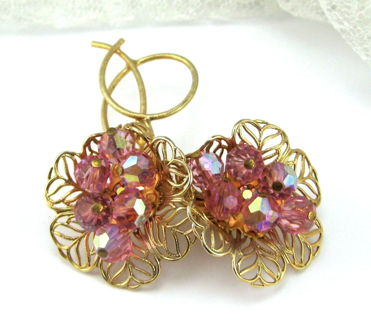 Vintage Brooch Filigree Floral Pink Aurora Borealis Beads