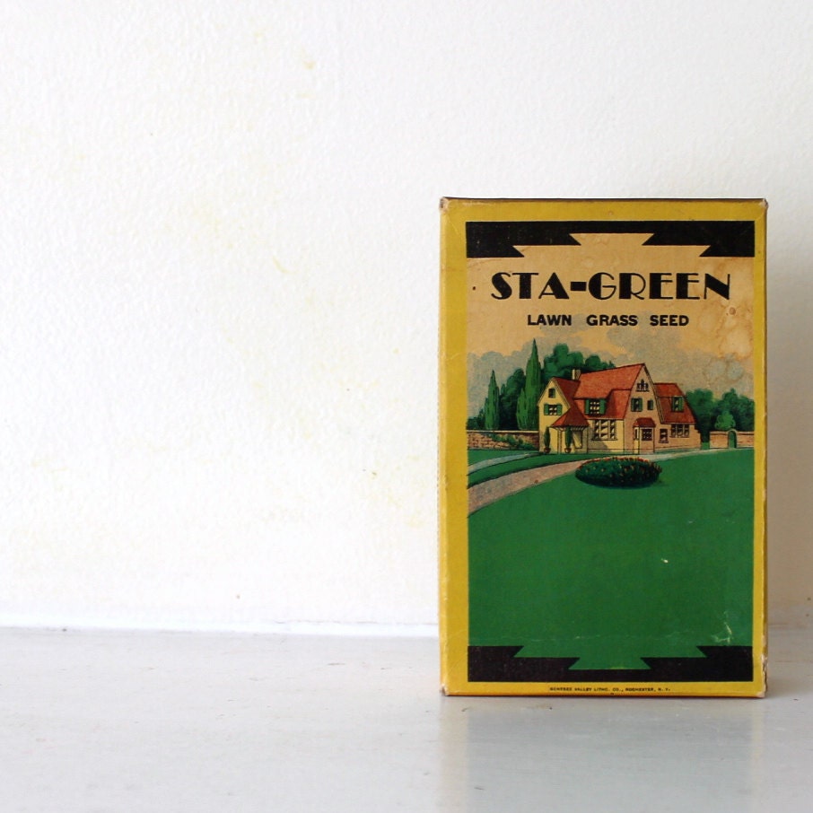 Vintage Sta- green Lawn grass seed box perfect Spring and Summer decor