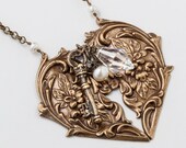 Handmade Jewelry Necklace Gold Victorian Heart skeleton key charm filigree flower leaf bird pearl crystal pendant Statement Necklace R1112